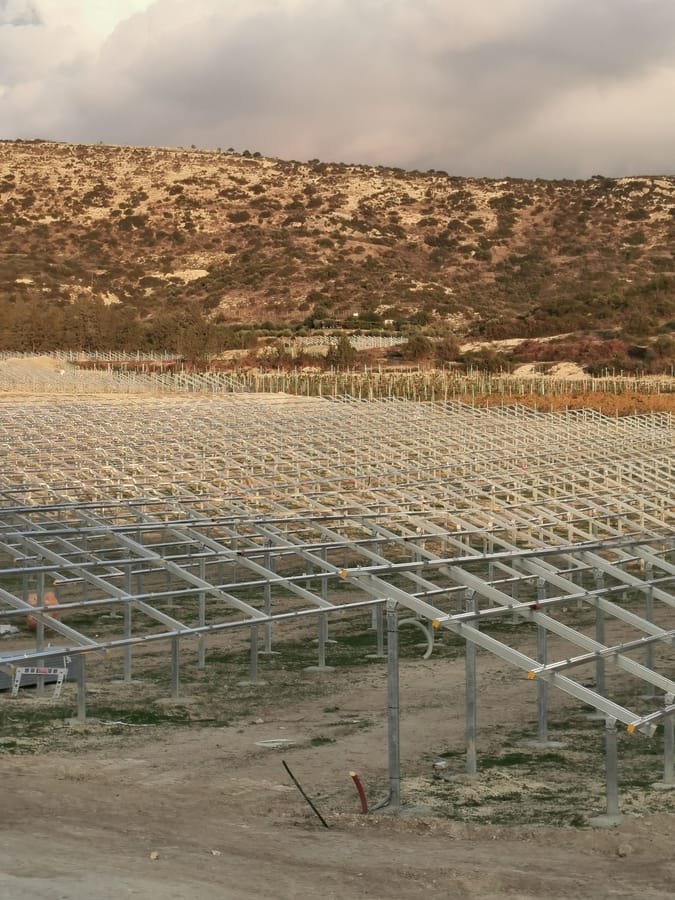 Rows of assembled mounting structure ready to receive modules on a solar site in Cyprus