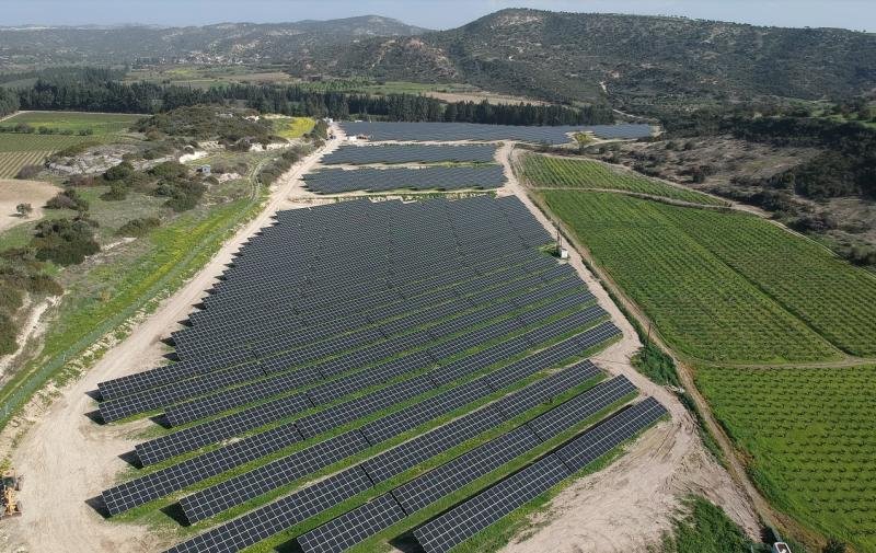 Aerial view of a 5.5 MWp solar plant in Cyprus in a hillside valley