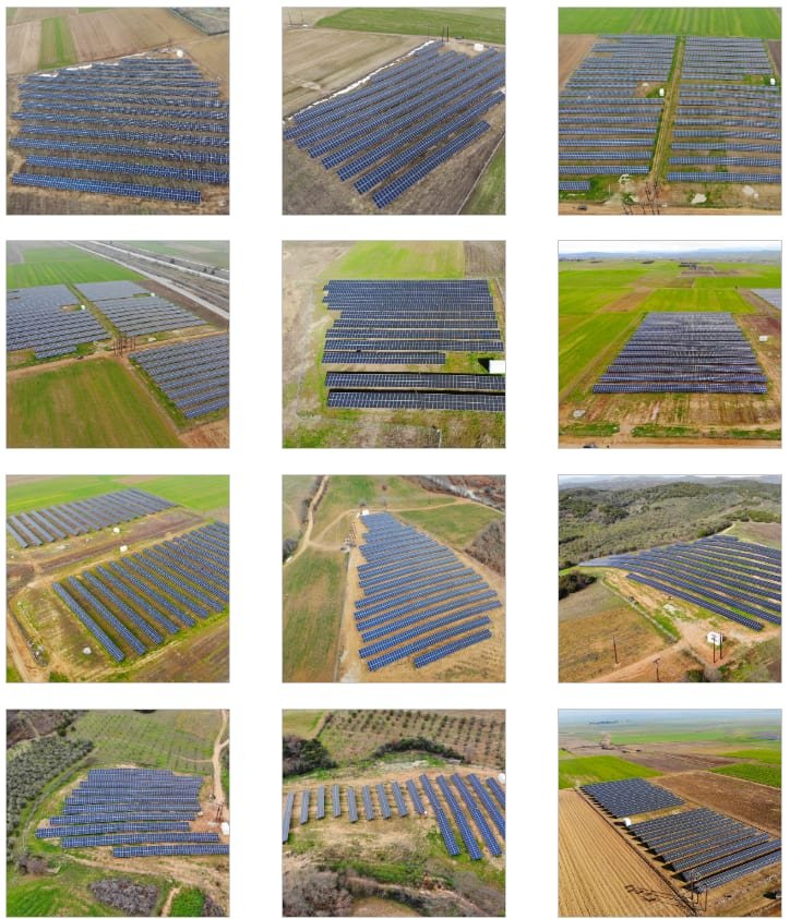 Collage of twelve aerial photographs of ground-mounted PV installations on farmland and hillsides in Greece
