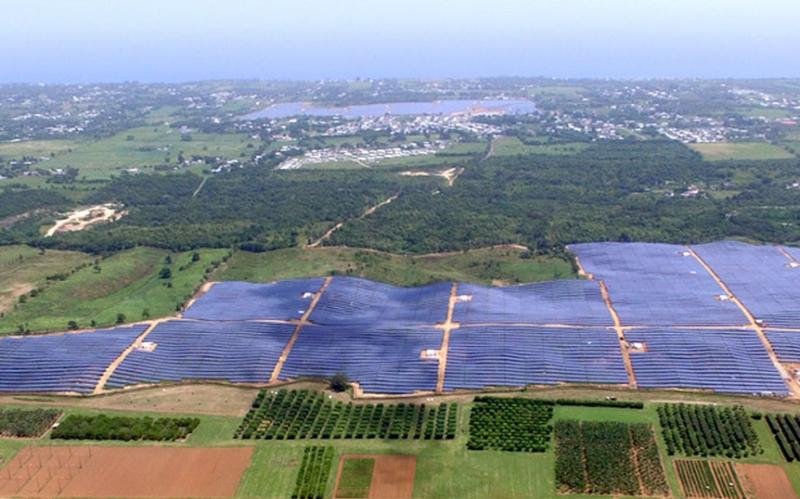 Aerial view of the Oriana I & Oriana II solar plant near Isabela, Puerto Rico, near the coast